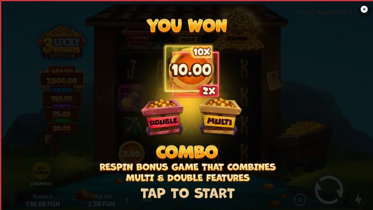 Tampilan visual slot 3 Lucky Nuggets dengan tema pertambangan emas